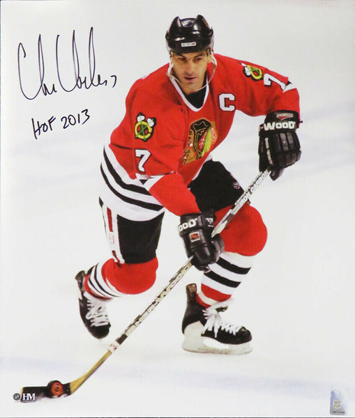 Chris Chelios Signed Blackhawks With Puck Action 16x20 Photo w/HOF 2013 (SS COA)