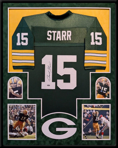 SUEDE FRAMED GREEN BAY PACKERS BART STARR AUTOGRAPHED SIGNED JERSEY STEINER HOLO