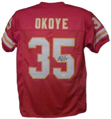 Christian Okoye Autographed/Signed Red Pro Style Jersey Beckett 25567