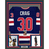 FRAMED Autographed/Signed JIM CRAIG 33x42 Blue USA Hockey Jersey JSA COA Auto