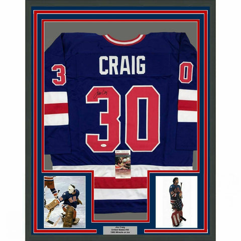 FRAMED Autographed/Signed JIM CRAIG 33x42 Blue USA Hockey Jersey JSA COA Auto