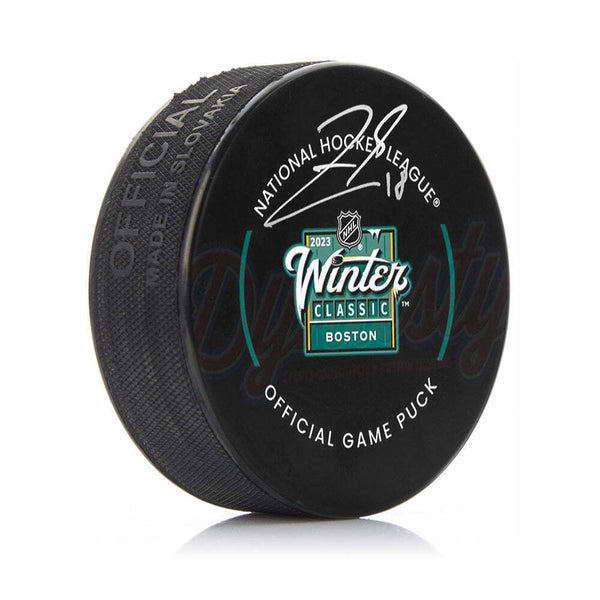 Pavel Zacha Boston Bruins Autographed 2023 Winter Classic Game Puck JSA PSA