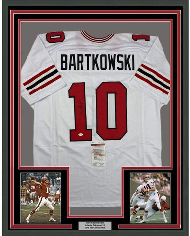 Framed Autographed/Signed Steve Bartkowski 35x39 Atlanta White Jersey JSA COA