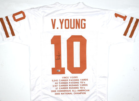 Vince Young Autographed White College Style STAT Jersey - Beckett W Hologram