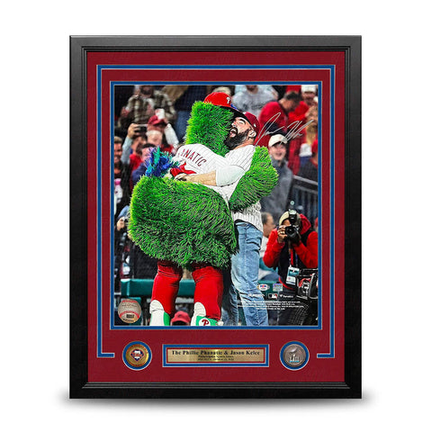 Jason Kelce Hugs Phillie Phanatic Autographed 16x20 Framed Baseball Photo PSA