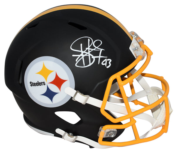 TROY POLAMALU SIGNED PITTSBURGH STEELERS FLAT BLACK FULL SIZE HELMET BECKETT