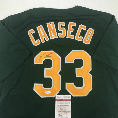 Autographed/Signed JOSE CANSECO Oakland Dark Green Baseball Jersey JSA COA Auto