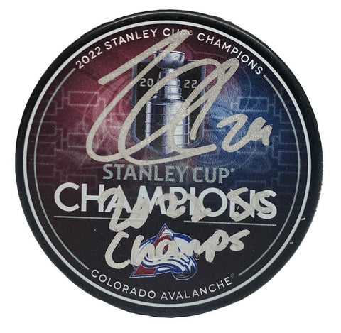 NATHAN MACKINNON Autographed 2022 SC Champs Stanley Cup Champ Logo Puck FANATICS