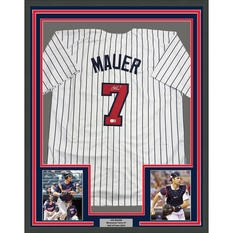 Framed Autographed/Signed Joe Mauer 35x39 Minnesota Pinstripe Jersey BAS COA