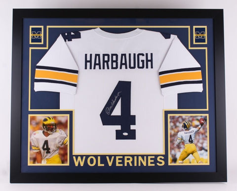 Jim Harbaugh Signed Michigan Wolverines 35x43 Custom Framed Jersey (JSA COA)