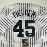 Autographed/Signed CECIL FIELDER New York Pinstripe Baseball Jersey JSA COA Auto