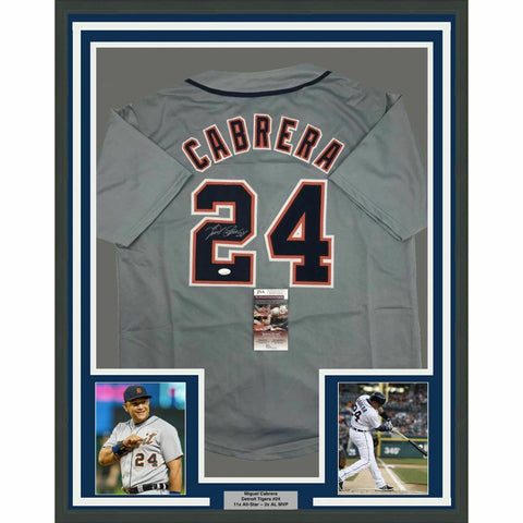 FRAMED Autographed/Signed MIGUEL CABRERA 33x42 Detroit Grey Jersey JSA COA Auto