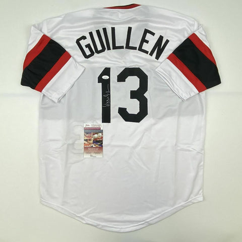 Autographed/Signed OZZIE GUILLEN Chicago Retro White Baseball Jersey JSA COA