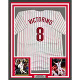 Framed Autographed/Signed Shane Victorino 35x39 Pinstripe Jersey PSA COA