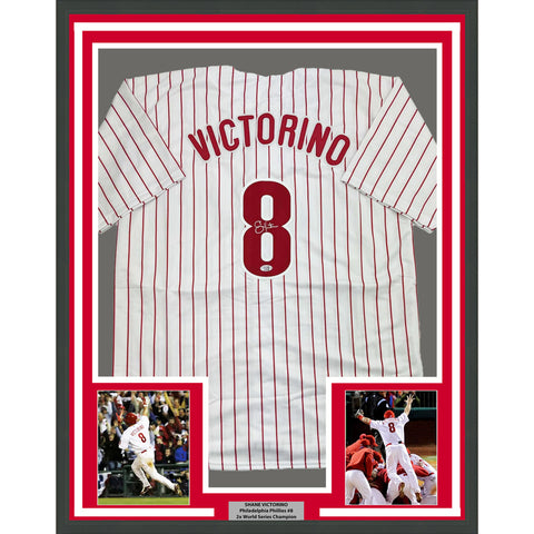 Framed Autographed/Signed Shane Victorino 35x39 Pinstripe Jersey PSA COA