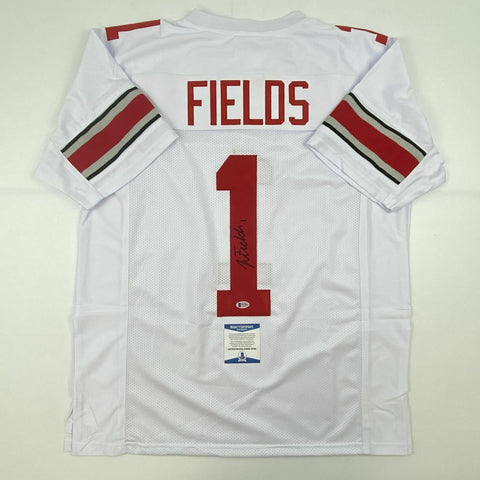 Autographed/Signed JUSTIN FIELDS Ohio State White College Jersey Beckett BAS COA