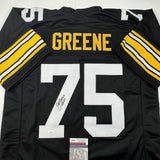 Autographed/Signed Mean Joe Greene HOF 87 Pittsburgh Black Jersey JSA COA