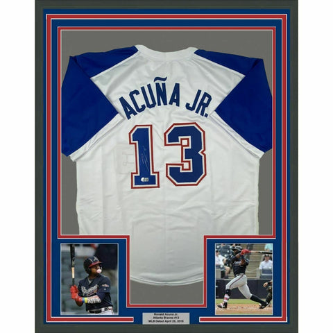 FRAMED Autographed/Signed RONALD ACUNA JR. 33x42 Atlanta Retro Jersey BAS COA