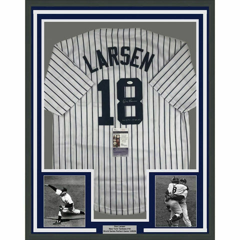 FRAMED Autographed/Signed DON LARSEN 33x42 New York Pinstripe Jersey JSA COA