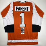 Autographed/Signed Bernie Parent Philadelphia Orange Hockey Jersey JSA COA