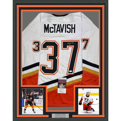 Framed Autographed/Signed Mason McTavish 35x39 Anaheim White Jersey JSA COA