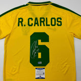 Autographed/Signed Roberto Carlos Brazil Yellow Retro Soccer Jersey Beckett COA