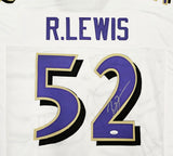 RAVENS RAY LEWIS AUTOGRAPHED SIGNED WHITE FOOTBALL JERSEY WITH STATS JSA 228091