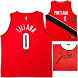 TRAILBLAZERS DAMIAN LILLARD AUTOGRAPHED RED FANATICS JERSEY XL BECKETT 214825