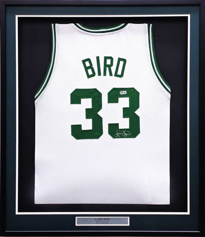 BOSTON CELTICS LARRY BIRD AUTOGRAPHED FRAMED WHITE JERSEY BECKETT BAS 230199