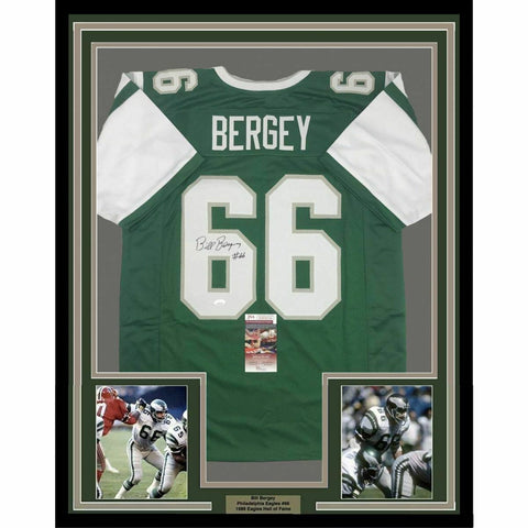 FRAMED Autographed/Signed BILL BERGEY 33x42 Philadelphia Green Jersey JSA COA