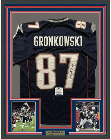 Framed Autographed/Signed Rob Gronkowski 33x42 New England Blue Jersey BAS COA