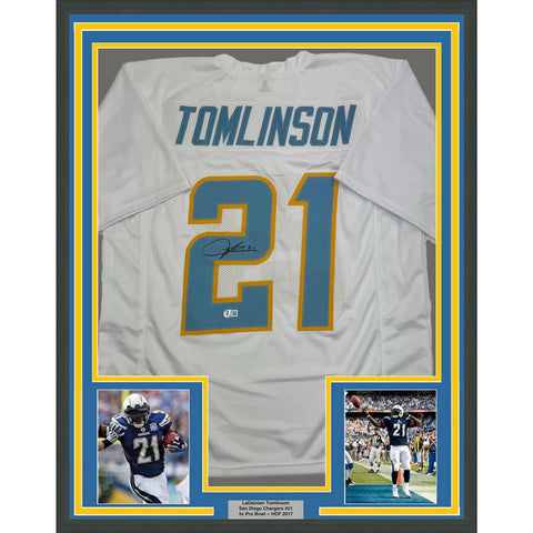 Framed Autographed/Signed LaDainian Tomlinson 35x39 White Jersey Beckett BAS COA