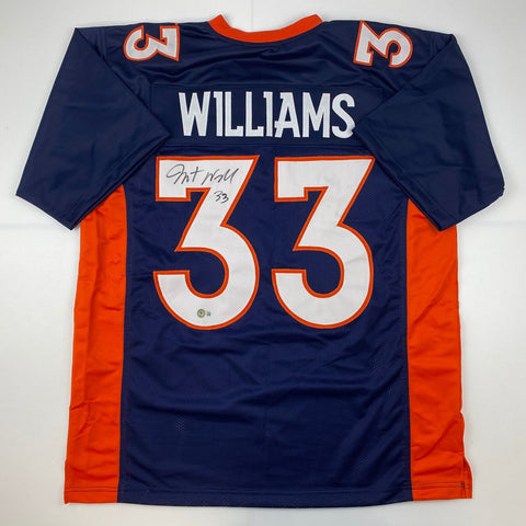 Autographed/Signed Javonte Williams Denver Blue Football Jersey Beckett BAS COA