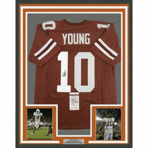 FRAMED Autographed/Signed VINCE YOUNG 33x42 Texas Orange College Jersey JSA COA