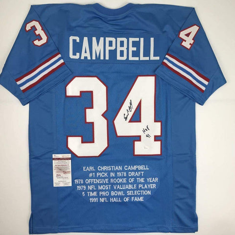 Autographed/Signed EARL CAMPBELL HOF 91 Houston Blue Stat Jersey JSA COA Auto