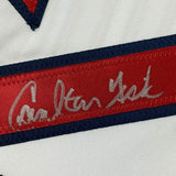 Framed Autographed/Signed Carlton Fisk 33x42 Boston White Jersey JSA COA Auto