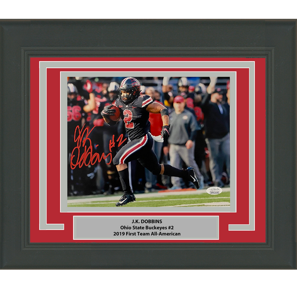 Framed Autographed/Signed JK J.K. Dobbins Ohio Buckeyes 8x10 Photo JSA COA