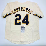 Autographed/Signed William Contreras Milwaukee Cream Baseball Jersey JSA COA