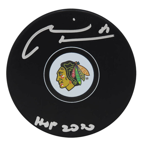 Marian Hossa Signed Chicago Blackhawks Logo Hockey Puck w/HOF 2020 -SCHWARTZ COA