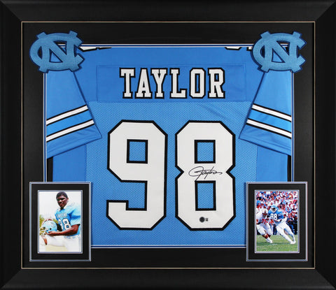 UNC Lawrence Taylor Authentic Signed Light Blue Pro Style Framed Jersey BAS Wit
