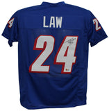 Ty Law Autographed/Signed Pro Style Blue XL Jersey HOF Beckett 35675