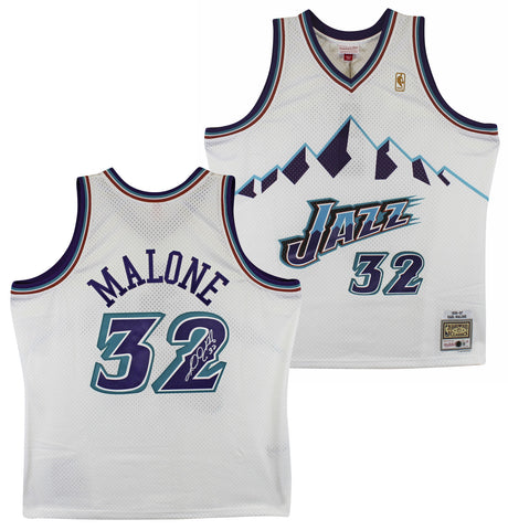 Jazz Karl Malone Signed 1996-97 White Mitchell & Ness Swingman Jersey BAS Wit