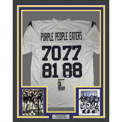 FRAMED Autographed/Signed PURPLE PEOPLE EATERS 33x42 White Jersey JSA COA Auto