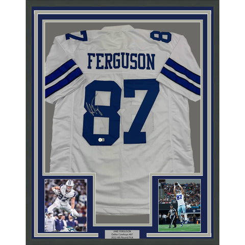 Framed Autographed/Signed Jake Ferguson 35x39 Dallas White Jersey Beckett COA