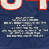 Autographed/Signed Brian Urlacher HOF 18 Chicago Blue Stat Jersey BAS COA