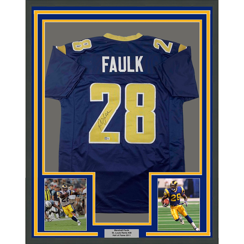 Framed Autographed/Signed Marshall Faulk 33x42 St Louis Navy Blue Jersey BAS COA