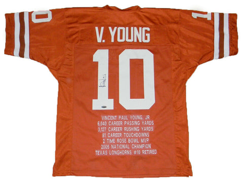 VINCE YOUNG AUTOGRAPHED SIGNED TEXAS LONGHORNS #10 STAT JERSEY TRISTAR