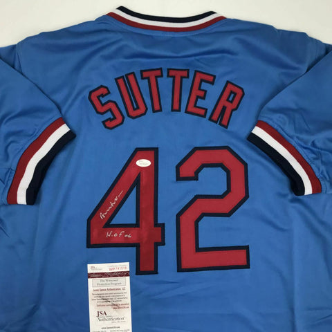 Autographed/Signed BRUCE SUTTER HOF 06 St. Louis Blue Baseball Jersey JSA COA