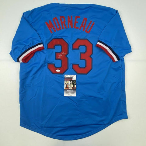 Autographed/Signed JUSTIN MORNEAU Minnesota Retro Blue Baseball Jersey JSA COA