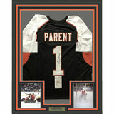 FRAMED Autographed/Signed BERNIE PARENT 33x42 Philly Black Jersey JSA COA Auto